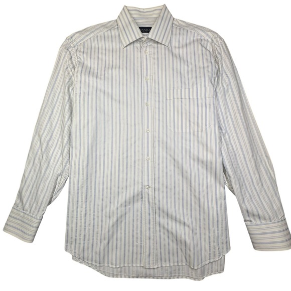 Canali Striped Dress Shirt Mens 17 White Blue Stripe Cotton Spread Collar Italy - Picture 2 of 11